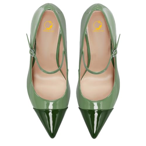 SHODENSE Women Chunky High Heel Mary Jane Pumps Shoes Ankle Strap Closed Pointed Toe Dress Sandals Two-Toned Cap Toe Patent Leather Mary Jane Heels Buckle Patchwork Office Work Party Dance 4-11 M US4