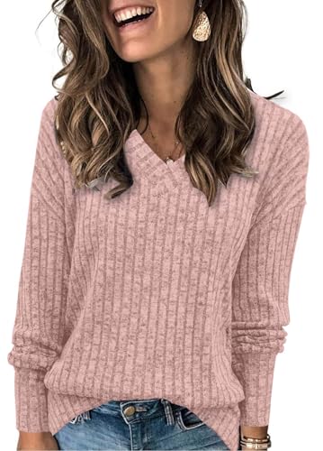 Heymiss Womens Sweaters Fall 2024 Long Sleeve Shirts Lightweight Sweater Pink L