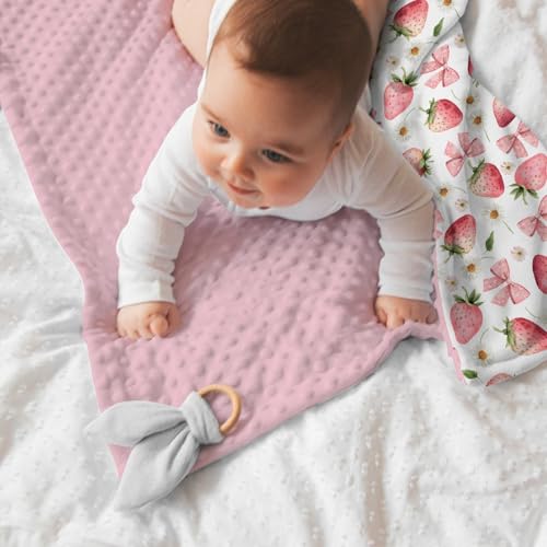 Image of Pink Baby Blankets for Girls 30 inch x 40 inch, Soft Double Layer Minky Blanket with Dotted Fleece Back, Nursery Bed Receiving Quilt for Newborn Infant Toddler Shower Gift Strawberry Bow Daisy Theme