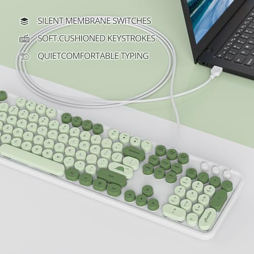 Image of Owpkeenthy Typewriter Green Matcha Cute Keyboard with Floating Round Keys, Full Size Wired Retro Keyboard Click Feeling with Foldable Stands for Laptop Office PC Desktop Windows (Matcha)