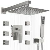 BWE Brushed Nickel Shower System with Body Jets,10 Inch Rain Shower Head,with 6 Body Spray Jets and Handheld Shower,Wall Mounted Shower Faucet Set,Rough-in Mixer Valve and Trim Included
