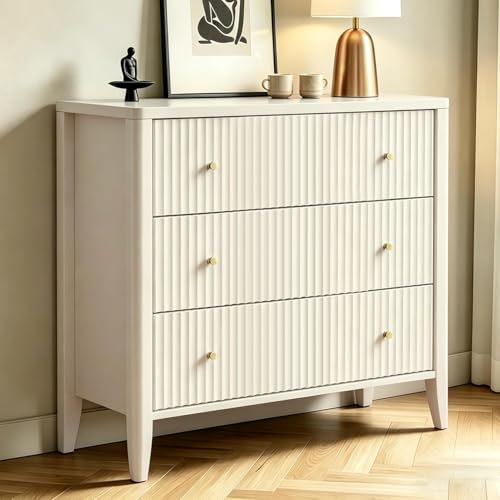 Image of Fatmok Fluted 3 Drawer Dresser for Bedroom Set of 3, 34 inch Wide Chest of Drawers, Modern Wood Nightstand End Table with Metal Handles, Striped Storage Cabinet for Living Room, Hallway, Alabaster White