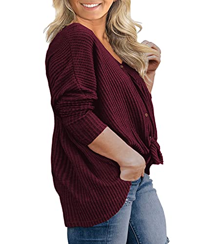 OLRIK Womens Plus Size Tops V Neck Tie Front Blouse Button Up Long Sleeve Waffle Knit Tunic T Shirts3