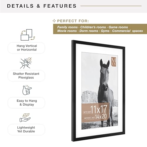 Image of MCS Everline Collection 14x20 Matted Poster Frame with 11x17 Picture Display, Black Vertical & Horizontal Wall Hanging Large Frame for Photos, Posters & Art Prints (1-Pack)