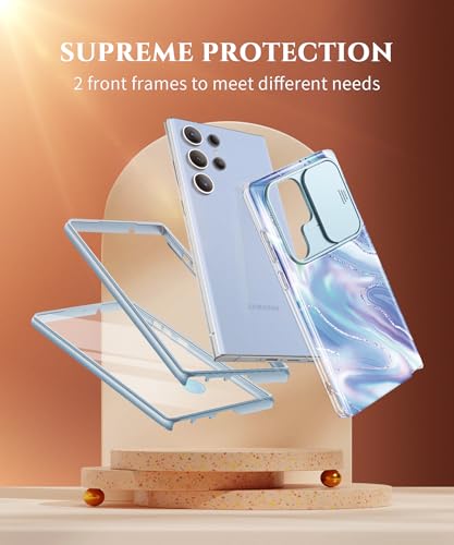 Image of GVIEWIN for Samsung Galaxy S23 Ultra Case, [Slide Camera Cover & Built-in Screen Protector] [2 Front Frames] Shockproof Military Grade Protective Marble Phone Case for S23 Ultra 6.8 inch (Aurora)
