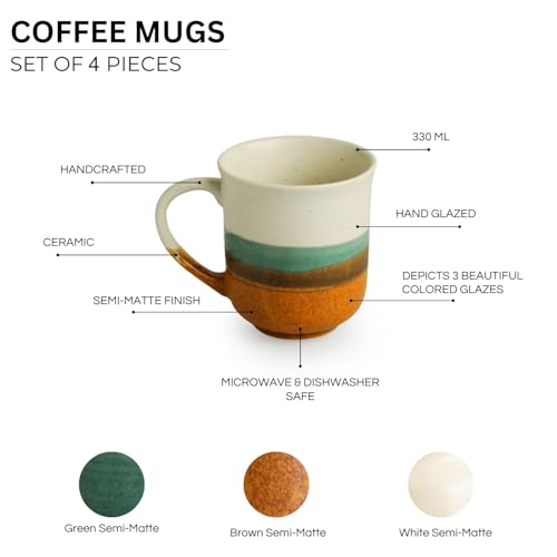 Image of ExclusiveLane 'Zen Garden' Ceramic Coffee Mugs Set of 4 (Set of 4, Each Cup : 330 ml, Microwave & Dishwasher Safe, Hand-Glazed) |Ceramic Mugs for Coffee Cup Tea Mug & Cup Mugs for Milk