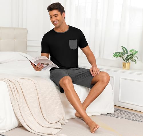 Image of PrinStory Mens Summer Pajamas Set Lightweight Pjs Sets Short Sleeve Pajama Shorts Set Soft Sleepwear Loungewear with Pockets