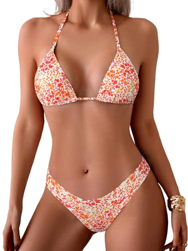 ZAFUL Womens Halter Bikini Sets Triangle Bikinis High Cut Swimsuits 2 Piece Bathing Suits Sexy Swimwear Floral 0-Orange M