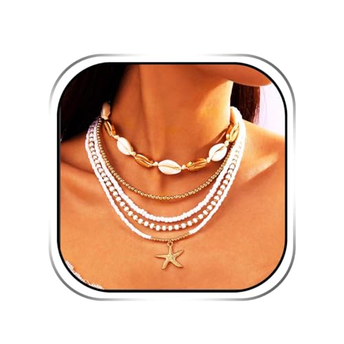 Collar bohemio con cuentas en capas, gargantilla de concha blanca, collar con colgante de estrella de mar para mujer, talla única