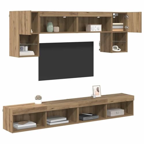 vidaXL Unidades de TV de Pared con LED 6 pcs Roble Artesanal, Sala Moderna, Unidad Rectangular para TV, Consola Duradera, Amplio Almacenamiento, Mueble de Pared