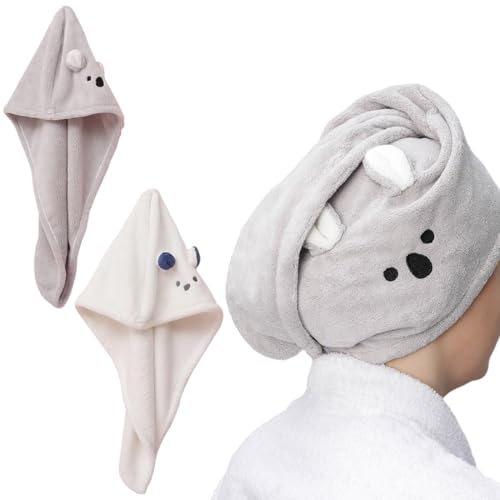 BAUCH Toalla Microfibra Pelo 2 Piezas Gorros Secadores de Pelo Adorables con Diseño Koala para Mujeres Gris y Blanco（Para el Uso Después del Lavado del Cabello, para Mujeres）