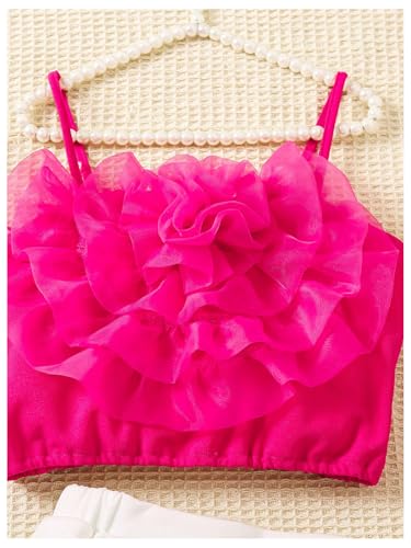 Image of MakeMeChic Girl's 2 Piece Outfits 3D Floral Shirred Cami Top and Bow Knot Shorts Set with Bag
