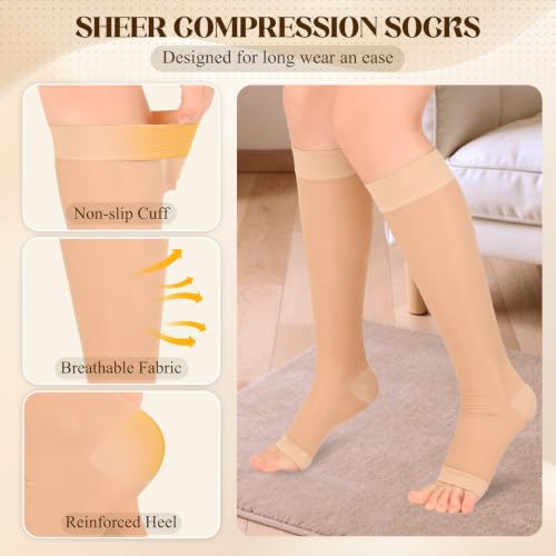 Image of 15-20mmHg Sheer Compression Socks for Women, 2 Pairs Knee High Compression Socks, Closed Toe Medical Compression Stockings for Swelling Shin Splints Varicose Veins