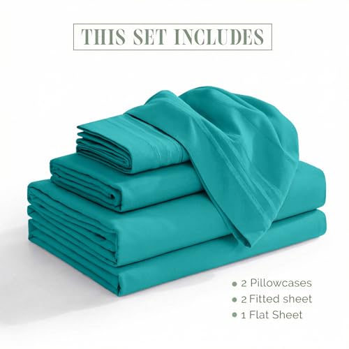 Image of Elegant Comfort Luxurious 1500 Premium Hotel Quality Microfiber Three Line Embroidered Softest 5-Piece Bed Sheet Set, Wrinkle and Fade Resistant, Split King, Turquoise