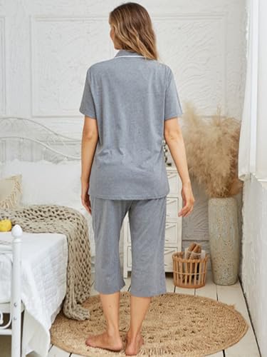 Image of Tugege Capri Pajamas Set Womens Button Down Short Sleeve Lounge Sets Sleepwear Notch Collar Top & Capri 2 Piece PJ Sets
