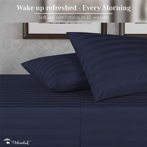 URBANHUT 800 Thread Count Egyptian Cotton Damask Striped Queen Size Sheets Set (4 Pc) - Ultra Soft & Smooth, Sateen Weave Queen Size Sheets, Luxury Hotel Sheets with 16" Deep Pocket - Navy Blue