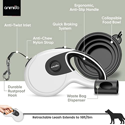 360° Tangle-proof Retractable Dog Lead - With 15 Poo Bags, Food Bowl & Dispenser - 5m/16ft Heavy Duty, Nylon, Anti Chew Dog Lead - Anti-slip Handle, One-touch Lock & Release, Extendable Dog Lead - Image 3