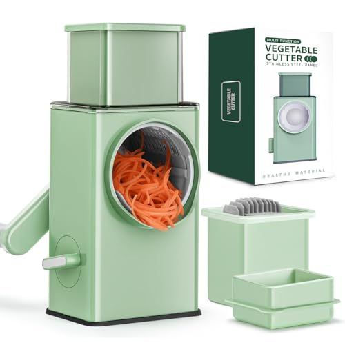KEOUKE Rotary Cheese Grater Vegetable Shredder with 5 Stainless Steel Blades & Enlarge Input & Strong Suction Base Rotating Mandoline Slicer Food Chopper for Kitchen with Blade Storage Box, Green