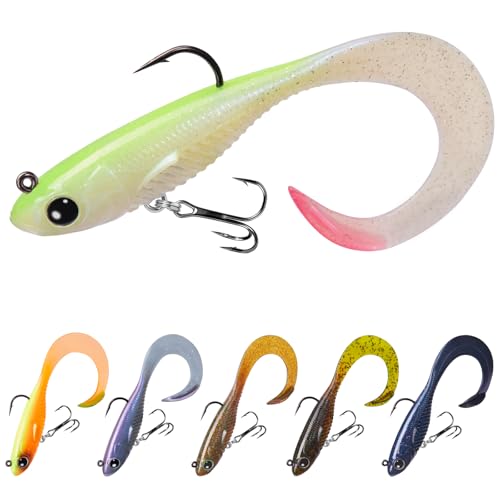 Image of TRUSCEND Duramax TPE Soft Fishing Lures with BKK Hooks, Easy Catch Curly & T-Tail for Trembly Sinking & Vibrating Swim, UV or Glow Effect for All Conditions, Pre-rigged Swimbait for Bass Trout Crappie