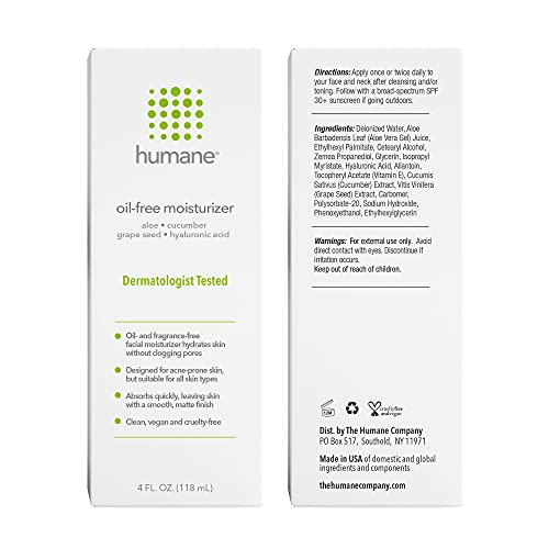 Humane Oil-Free Daily Lightweight Face Moisturizer For Acne-Prone Skin - 4 Fl Oz - Gentle For All Skin Types - With Soothing Antioxidants Like Aloe Vera, Hyaluronic Acid, Cucumber And Grapeseed #TOP1