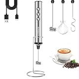 Philorn Elektrischer Milchaufschäumer Stab mit 3 Edelstahl-Schneebesen und Ständer - 3 Einstellbare Geschwindigkeiten, Aufschäumer für Kaffee, Latte, Cappuccino, Matcha, Eischnee (Silber)