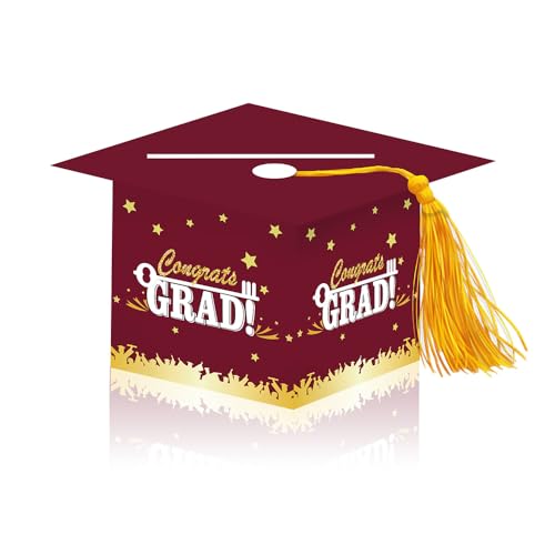 Image of 2026 Graduation Party Card Box, Maroon Gold Congrats Cap Card Holder Box with Tassel for 2026 Graduation Party Decorations