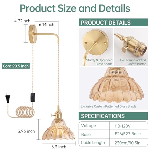 Image of Shenmoyl Vintage Wall Sconce with Amber Lily of the Valley Glass Shade Hanging Wall Sconce with 4.9FT Plug in Cord, Modern Wall Lamp Fixtures Decor for Bedside Bedroom Indoor Doorway
