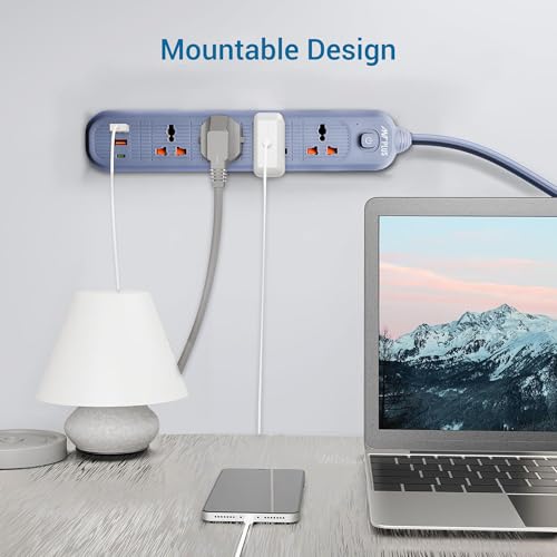 Image of Electric PS421 Power Strip,10ft Universal Extension Cord 4 AC Outlets 2USB 1 Type C PD Ports, Flat Plug, Max 2500W, 220-250v, Multiple Outlet Extender for Home Office Store Grey