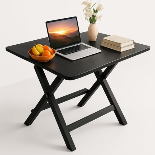 Image of Multi-Purpose Portable & Foldable Wooden Dining Table Desk for Living Room ,Made with Engineered Plywood & Powder Coated Finish for Home & Office Pre-Assembled Black(L*80,B*80,H*75)cm.