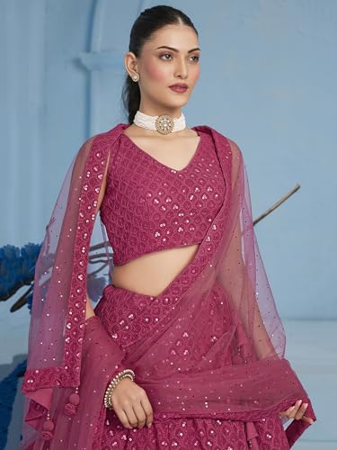 Image of Zeel Clothing Women's Sequins Thread Embroidered Georgette Lehenga Choli With Dupatta (5124-Women-Lehenga-Choli-New; Free size)