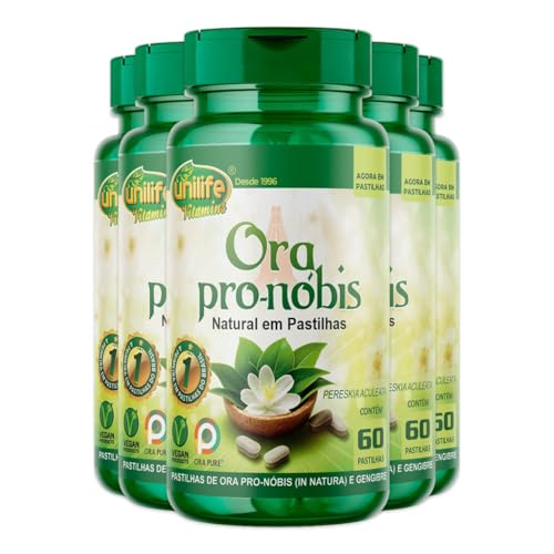 Kit 5 Ora Pro-Nóbis Natural e Gengibre Unilife 60 Pastilhas