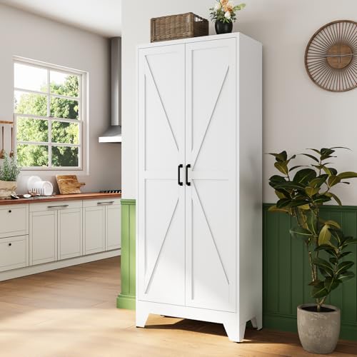 Image of Letaya 75 inch H Metal Storage Cabinet with 2 Doors and 4 Shelves,Tall Kitchen Pantry Cabinets,Farmhouse Utility Pantry Organizers for Cupboard /Dining /Bathroom /Home Office /Garage,White
