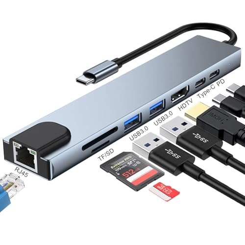 Adaptador USB C Ethernet 8 en 1 multipuerto USB C tipo C Dongle 4K a 60Hz USB C a HDMI Hub 2 puertos USB 3.0, lector de tarjetas TF/SD tipo C RJ45 puertos USB C Dongle para MacBook Pro Air iPad, HP,