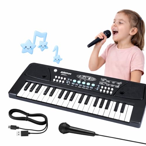 Image of Kids Piano Keyboard with Mic, type C USB cable | 37 Keys, 8 Rhythms, 8 Tones, 6 Demo Songs, 4 Percussions | Recording & Playback | Portable Educational Music Toy for 2-10 Years Boys Girls