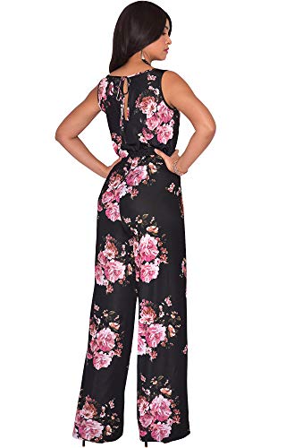 Koh Koh Plus Size Womens Long Floral Flower Print Sleeveless V-Neck Wide Leg Short Sleeve Casual One Piece Jumpsuit Jumpsuits Pantsuit Pant Suit Romper Playsuit Outfit, Black & Pink 2Xl 18-20 #TOP2