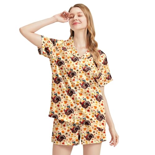 Image of Funny Satin Pajamas Set for Women Button Down Sleepwear Print Pjs Set 2 Piece Short Sleeve Loungewear Gift for Women
