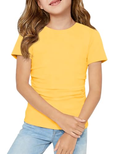 Haloumoning Girls Short Sleeve T Shirts Kids Ruched Side Slim Fit Tops Casual Crewneck Tees 5-14 Years Yellow