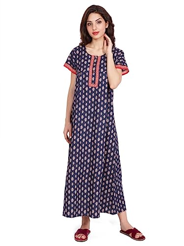 Image of Evolove Women's Cotton Long Maxi Night Gown Nighty Dress with Pocket & Stylish Button, Super Soft Comfortable (LNG-Button)