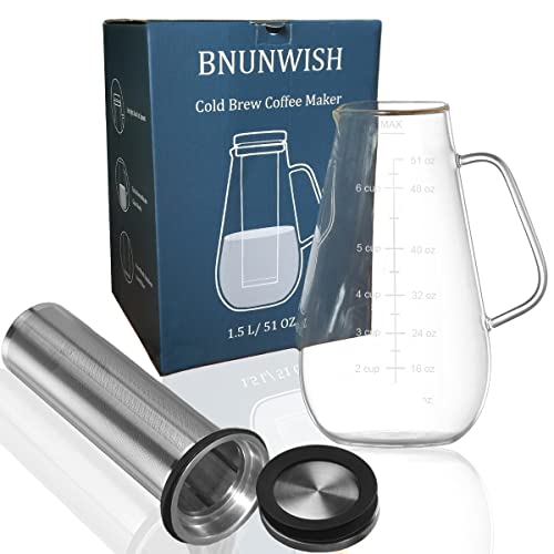Bnunwish Cold Brew Coffee Maker Iced Tea Pitcher Infuser With Airtight Lid And Thick High Borosilicate Glass Carafe, 51Oz/1.5L #TOP6