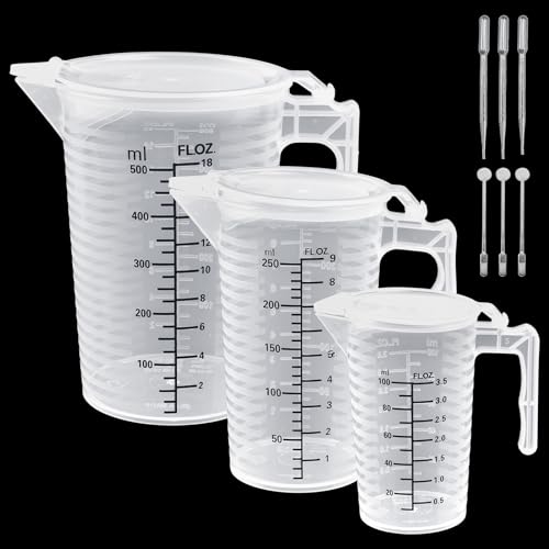 LIMITADA 3 PCS Vaso Medidor con Tapa de Plastico 100/250/ 500ml, Jarra Medidora PlasticoL Taza Medidora de Plastico Transparente con Escala y Asa para Medir Líquidos para Hornear y Experimenta