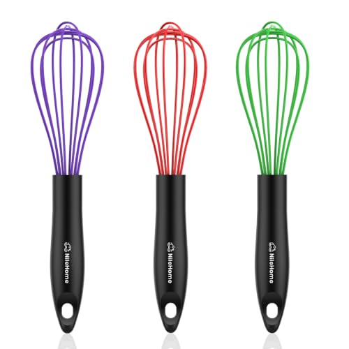 Image of NileHome Silicone Whisk Set, 3 Pack Kitchen Whisk 10 inch Kitchen Wisk Wire Whisks for Cooking, Whisking, Blending, Beating, Stirring-Multicolor
