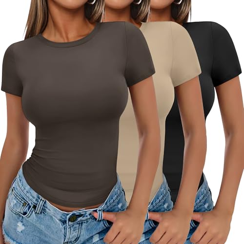Ekouaer Womens Basic Tee Shirts 3 Pack Short Sleeve Crew Neck Thermal Underwear Tops Base Layer