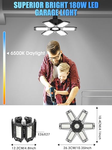 Image of 4 Pack LED Garage Lights - 180W 18000LM LED Garage Lights with 6 Adjustable Panels Daylight 6500K Deformable Bulb Garage E26 /E27 LED Shop Light for Garage Lighting