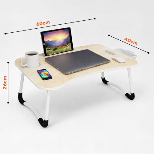 Image of GoRogue Foldable Wooden Mini Laptop Table for Bed, Study Table with Drawer, Tablet /Mobile Holder for Kids & Adults (Beige), 40 Centimeters, 60 Centimeters