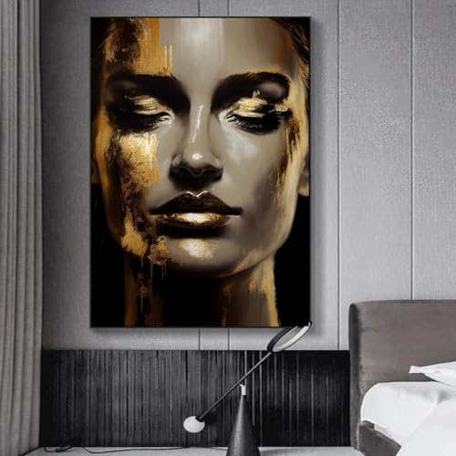 Toile visage femme art abstrait avec portrait doré chic pour salon 60x80
