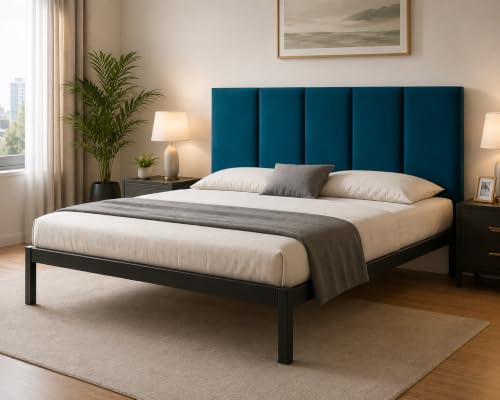 Image of Modern Velvet Upholstered Metal Bed Frame Queen Size - Durable Teal Headboard, Contemporary Bedroom Furniture