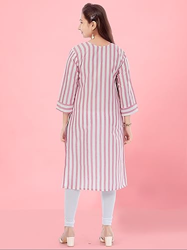 Image of Aarika Girls Cream Colour Cotton Striped Kurti