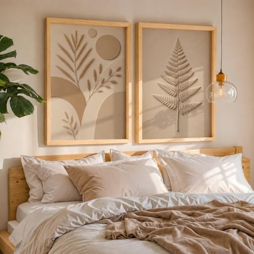 Image of NoWorries Minimal Botanical Wall Painting Set of 2 with Frame | Neutral Beige Fern Leaf & Pampas Grass Abstract Artwork, Soft Nature Wall Decor for Living Room, Bedroom, Office and Home Decoration (Art-6, 25x37inch)