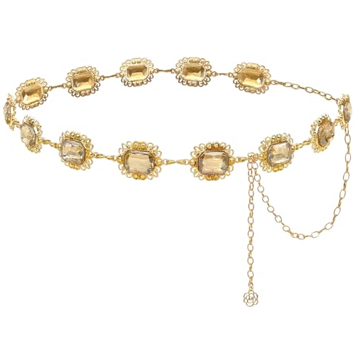 Bling Rhinestone Concho Belt Gold Carved Metal Western Sparkly Crystal Waist Chain Belt for Women