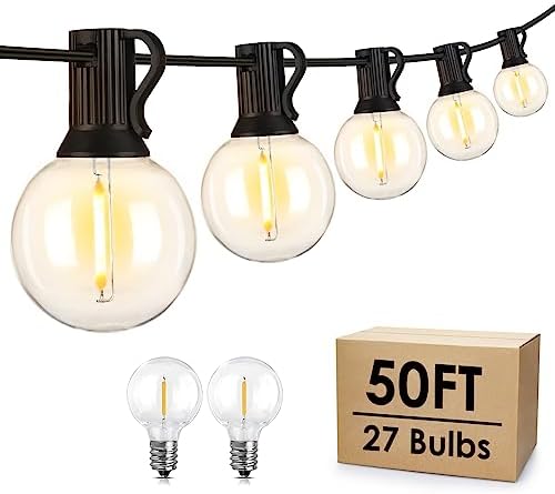 Mlambert 50Ft LED Outdoor String Lights G40 Globe Dimmable Patio Lights, Waterproof Hanging String Light with 27 Warm White Shatterproof Bulbs(2 Spare) for Yard, Garden, Bistro, Porch, Cafe-Black Wire